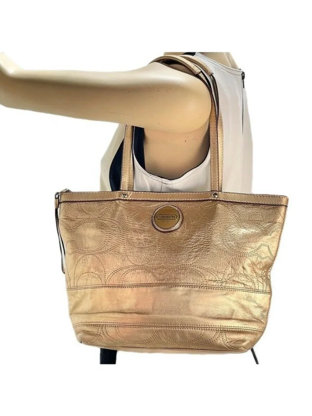 Gold COACH Signature Metallic Tote Bag With Logo & Zip Closure
